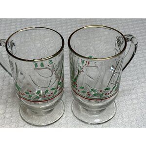 Arbys Libbey Holly Berry Footed Gold Rim Christmas Glass Mugs Irish Creme Gift
